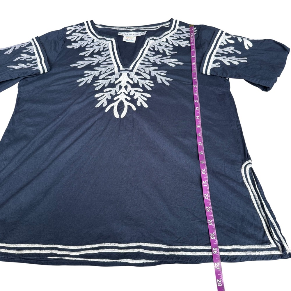 Gretchen Scott Cotton Embroidered Tunic The Reef Navy Blue White Coral Top XL - Picture 10 of 11